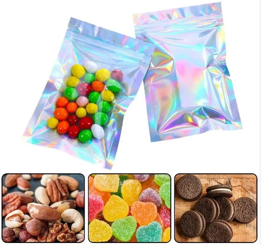 Customized Zipper Packaging Bags Recyclable Laser Colorful Candy Reflective Beautiful Self Sealing Custom Stand Up Pouches